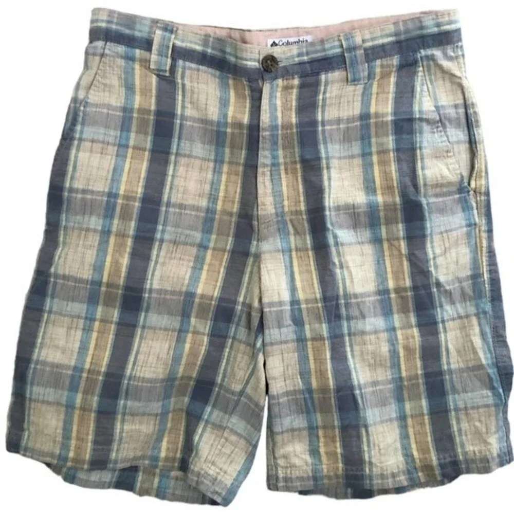 Columbia Men’s Plaid Shorts Size 32 Blue Tan Cotton 11” Rise 9” Inseam Outdoor